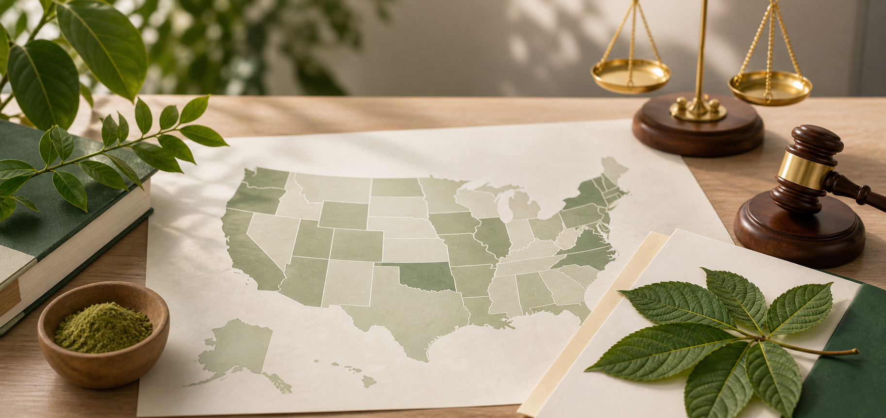 U.S. map with botanical leaves and legal objects